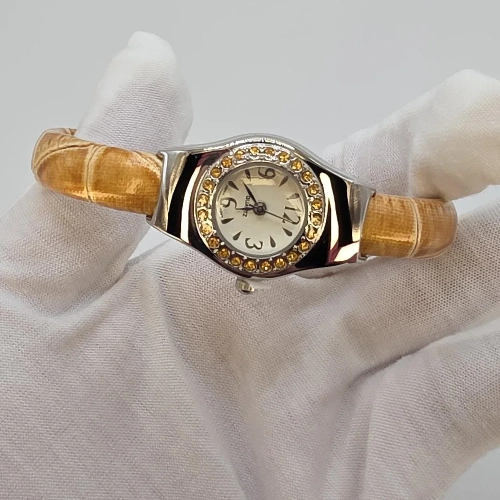New! AVON Women's Cuff Watch Amber Orange Gemmed Silver Tone New‎ Battery